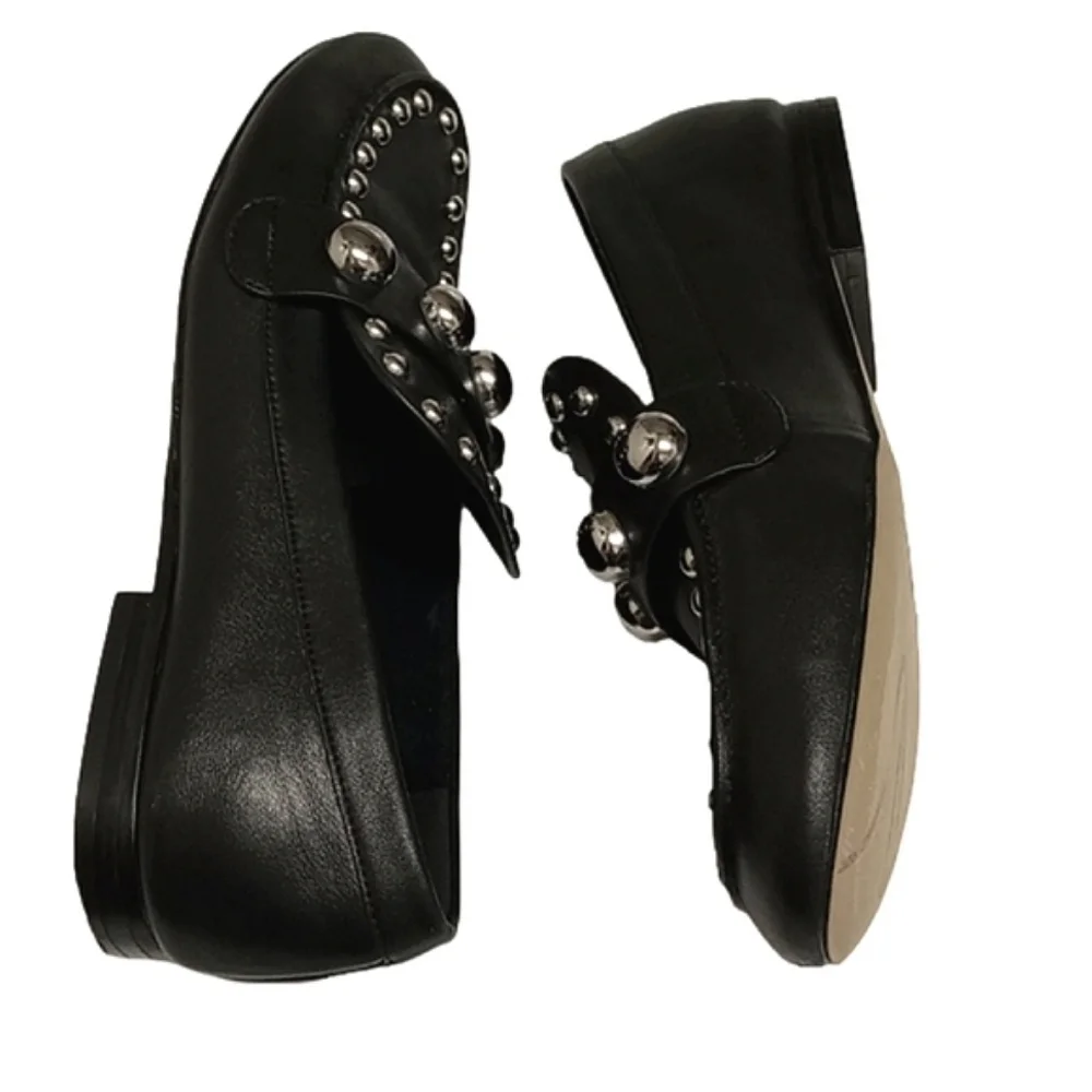 KARL LAGERFELD "AVAH" BLACK LEATHER LOAFER FLATS SHOES WITH SILVER DOME … - Picture 10 of 13